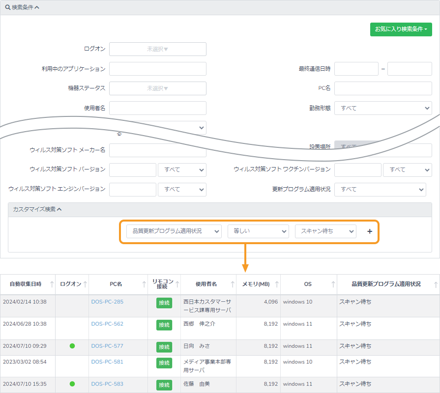 セキュリティ更新プログラム配信進捗確認画面