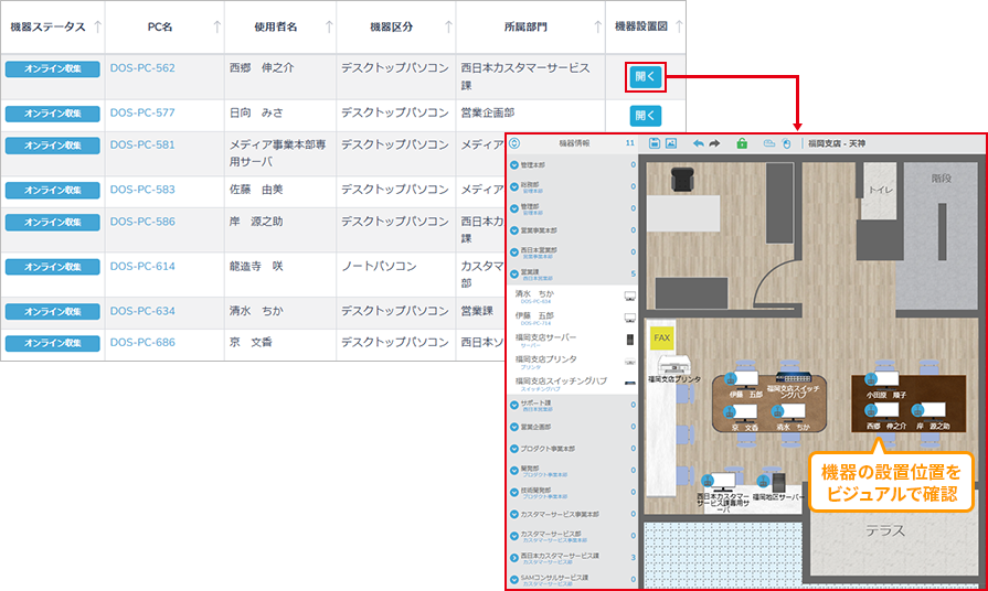 管理対象機器の設置位置をフロア図から確認