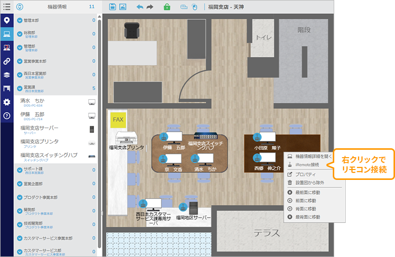 機器アイコンを右クリックで、リモートコントロールなどの各種メニューを呼び出し可能