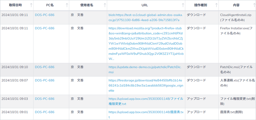 Webアップロード・ダウンロードログ一覧画面